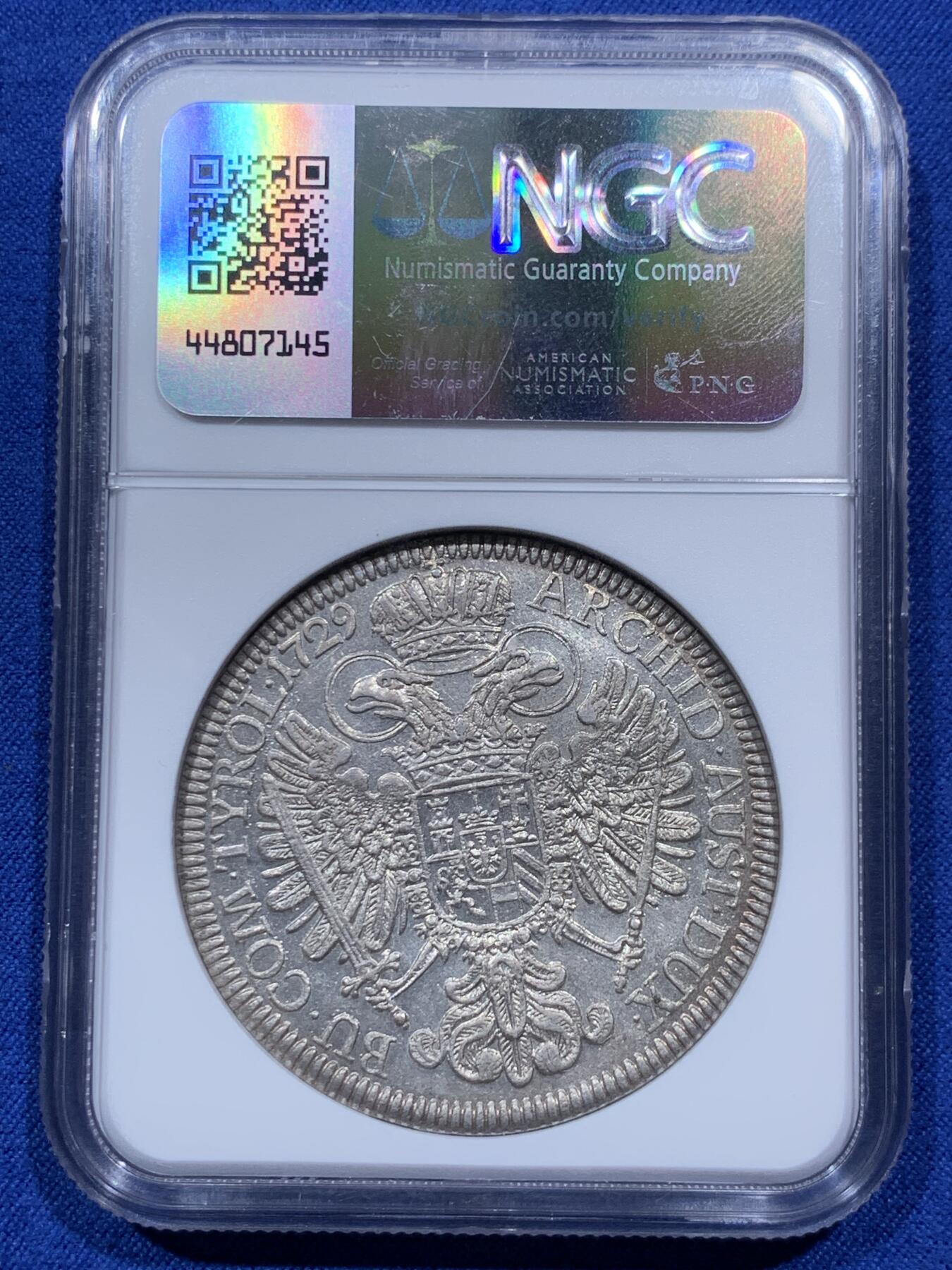 《竞宝斋》第379场 周日，周一 2场连拍 （全场包邮） 亚军分 NGC MS62 神圣罗马帝国奥地利1729年卡尔六世1泰勒大银币 光度细节都很不错