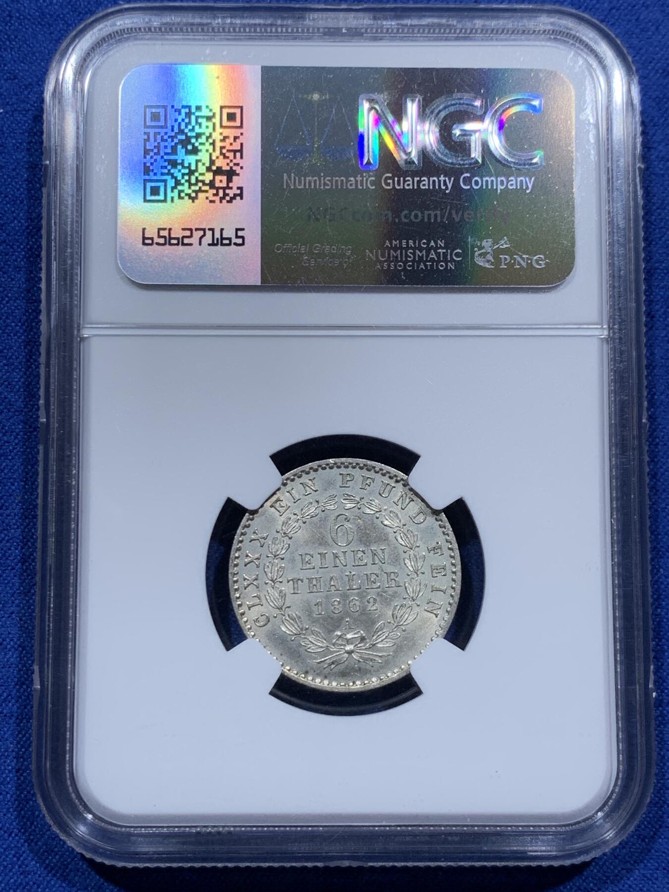 《竞宝斋》第379场 周日，周一 2场连拍 （全场包邮） NGC MS63 德国1862A 安哈特贝恩堡六分之一泰勒银币。小熊爬墙泰勒！少见高分。