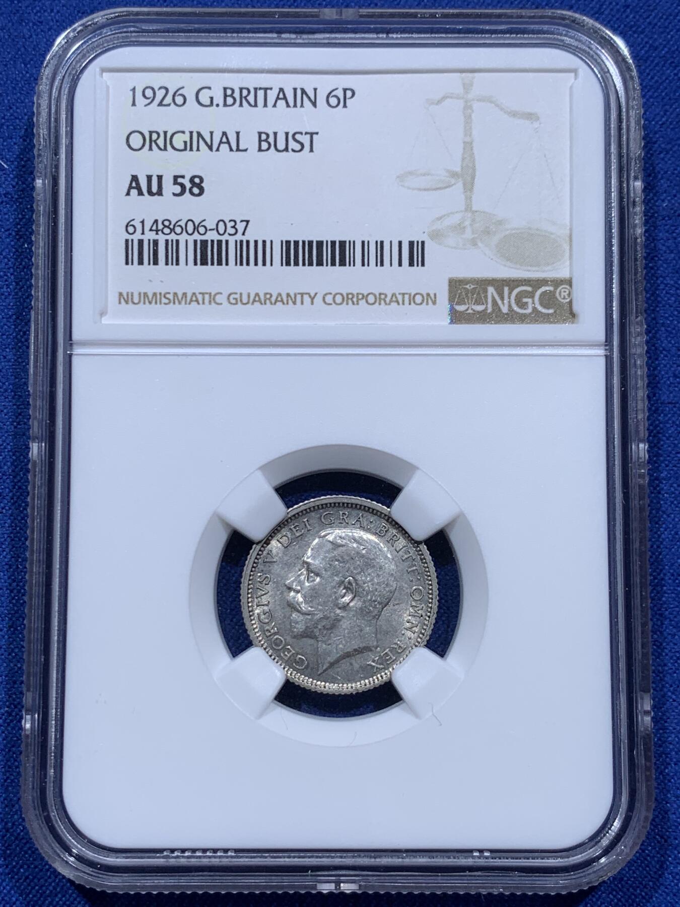 《竞宝斋》第379场 周日，周一 2场连拍 （全场包邮） NGC AU58 英国 1926年 乔治五世大头6便士银币
