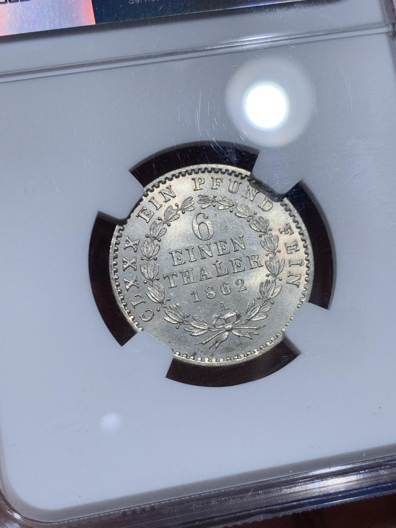 《竞宝斋》第379场 周日，周一 2场连拍 （全场包邮） NGC MS63 德国1862A 安哈特贝恩堡六分之一泰勒银币。小熊爬墙泰勒！少见高分。