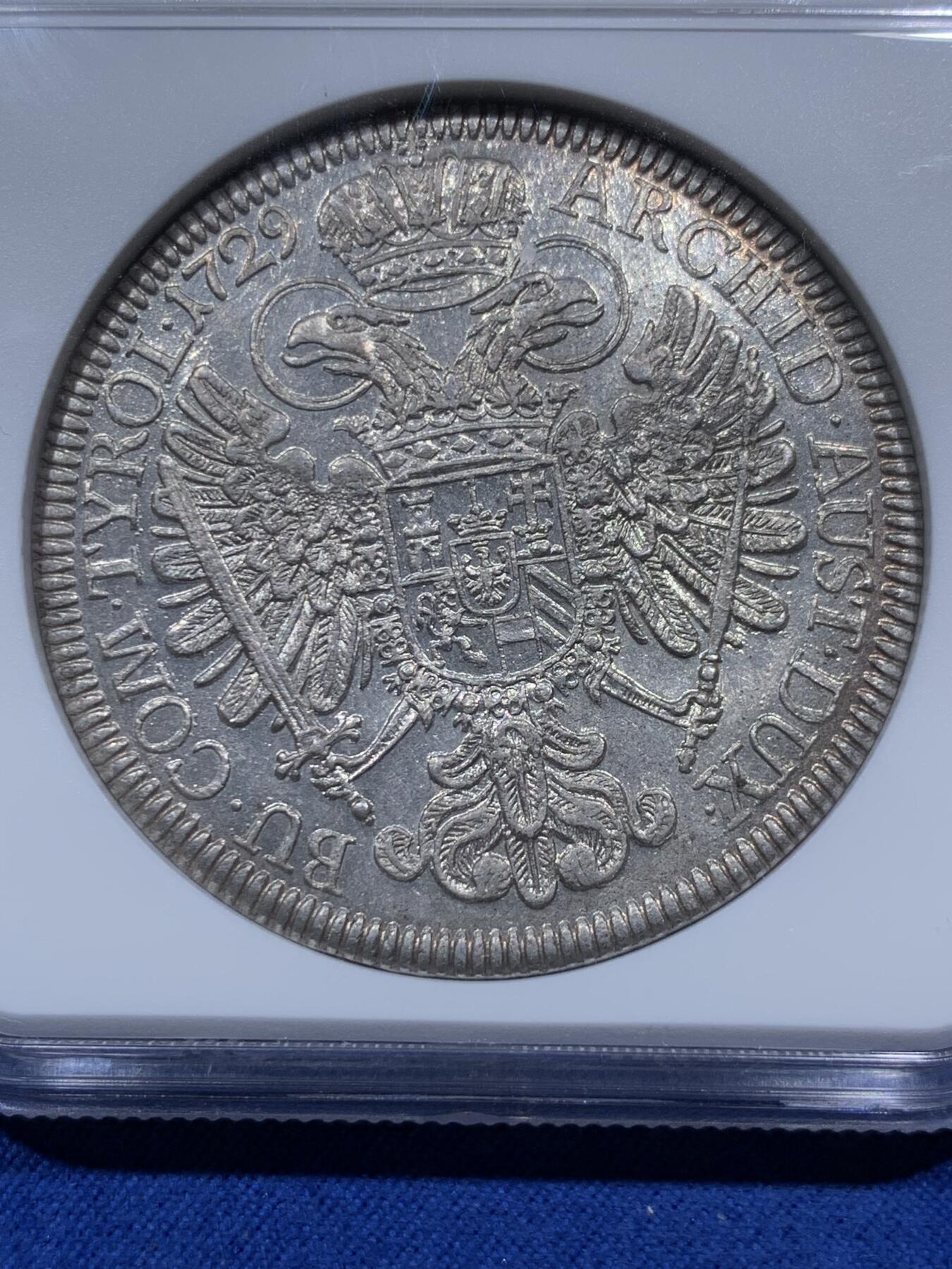 《竞宝斋》第379场 周日，周一 2场连拍 （全场包邮） 亚军分 NGC MS62 神圣罗马帝国奥地利1729年卡尔六世1泰勒大银币 光度细节都很不错