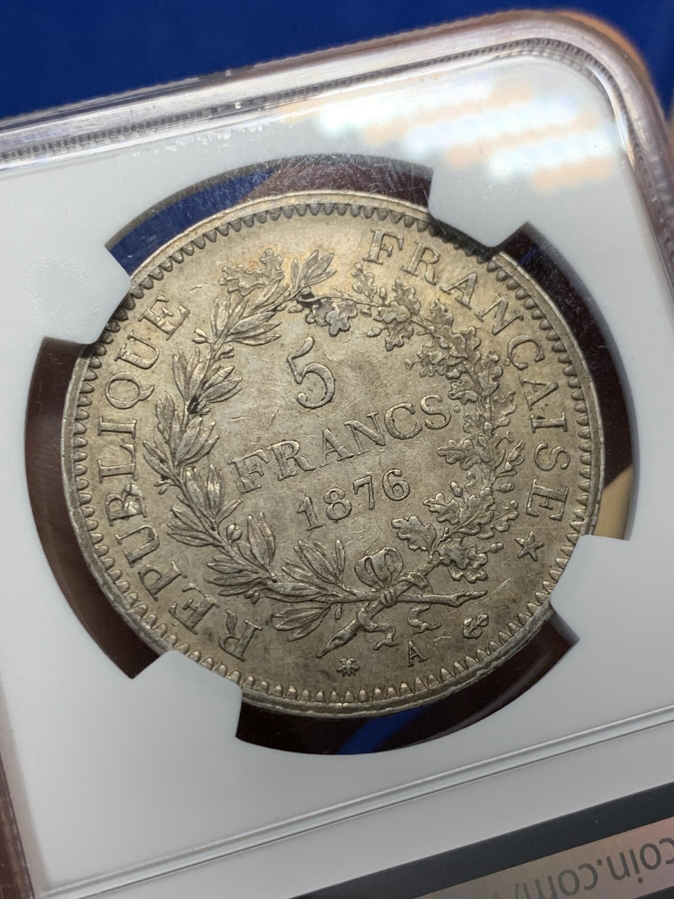 《竞宝斋》第379场 周日，周一 2场连拍 （全场包邮） NGC AU58 法国 1876A年大力神5法郎大银币，原味有底光，可重评搏分