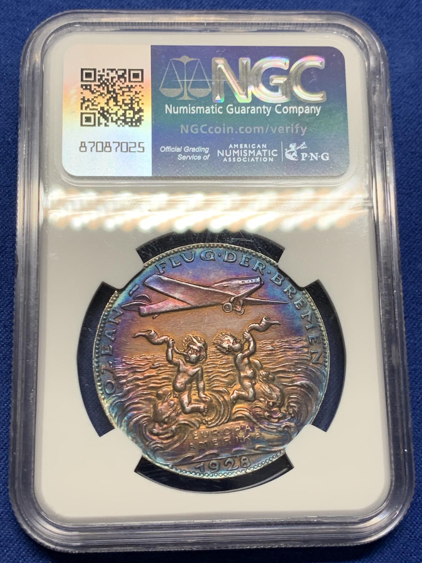 《竞宝斋》第379场 周日，周一 2场连拍 （全场包邮） NGC UNCD 德国1928年不莱梅号第一次欧洲美洲飞行纪念银章 章牌大师卡尔歌茨作品