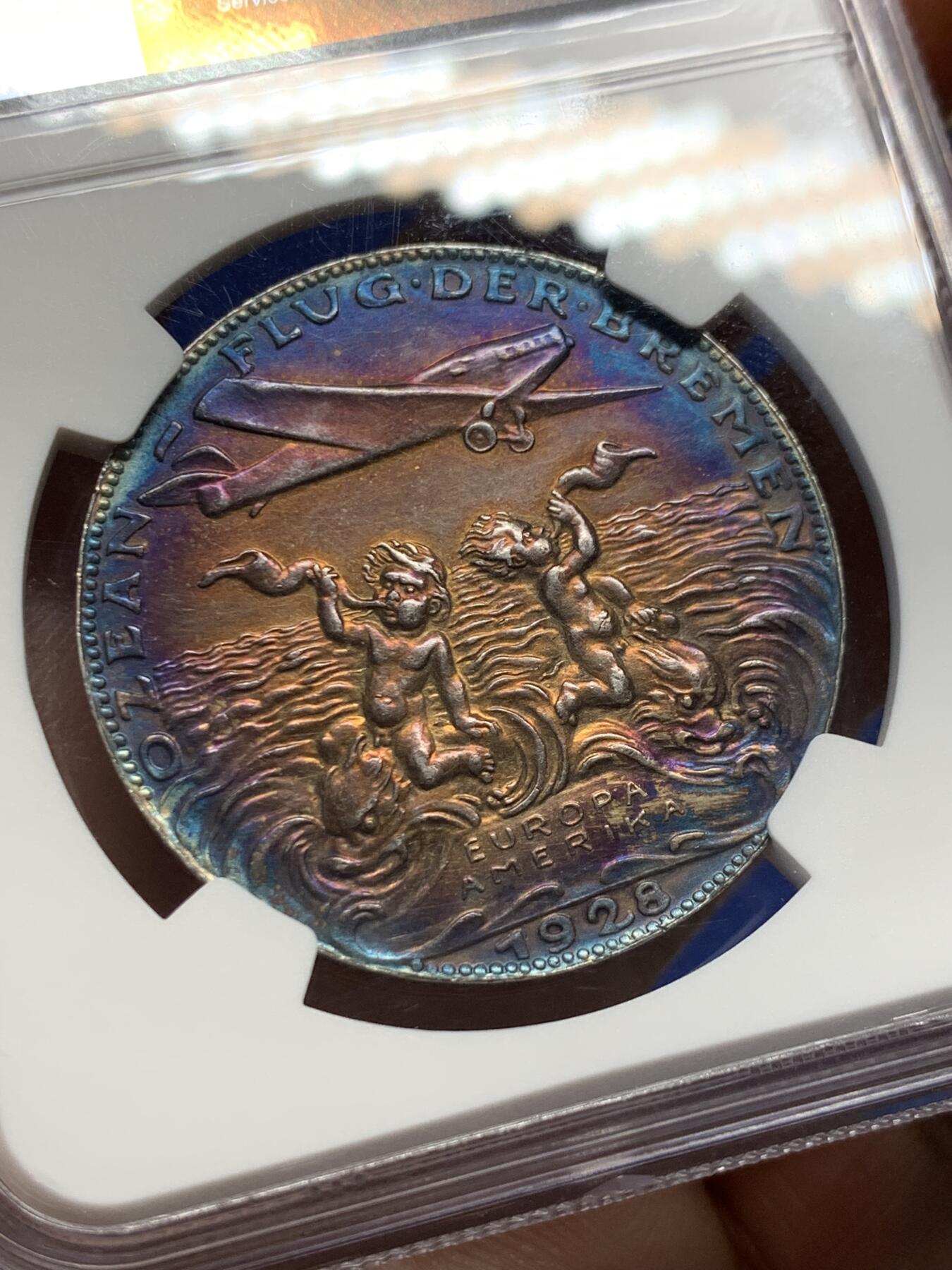 《竞宝斋》第379场 周日，周一 2场连拍 （全场包邮） NGC UNCD 德国1928年不莱梅号第一次欧洲美洲飞行纪念银章 章牌大师卡尔歌茨作品