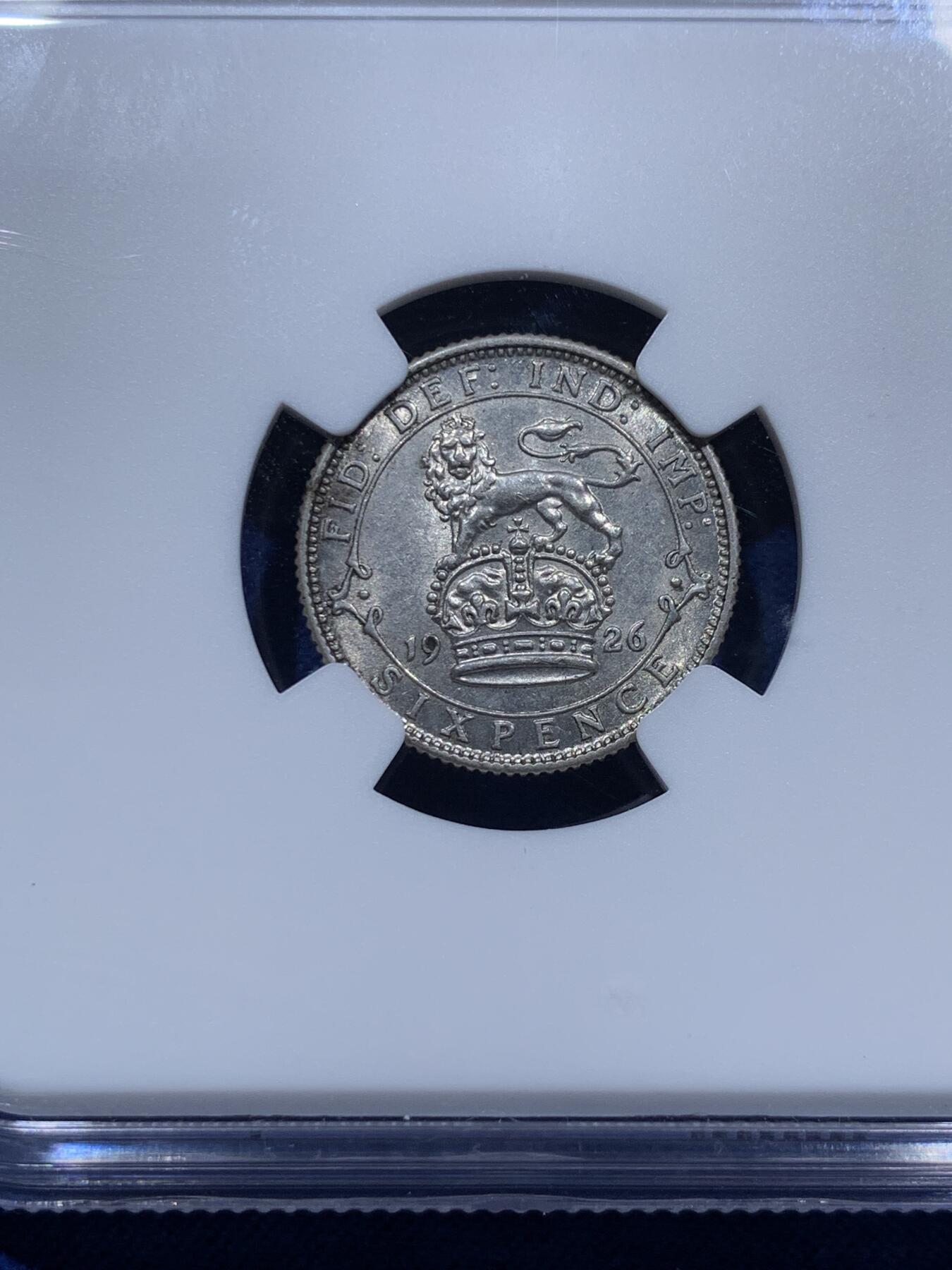 《竞宝斋》第379场 周日，周一 2场连拍 （全场包邮） NGC AU58 英国 1926年 乔治五世大头6便士银币