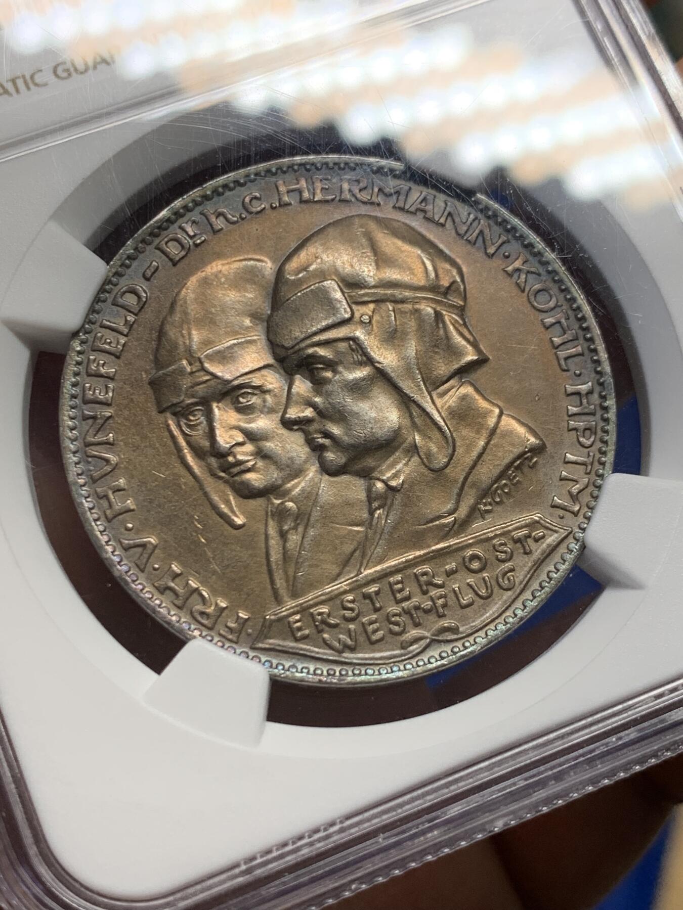 《竞宝斋》第379场 周日，周一 2场连拍 （全场包邮） NGC UNCD 德国1928年不莱梅号第一次欧洲美洲飞行纪念银章 章牌大师卡尔歌茨作品