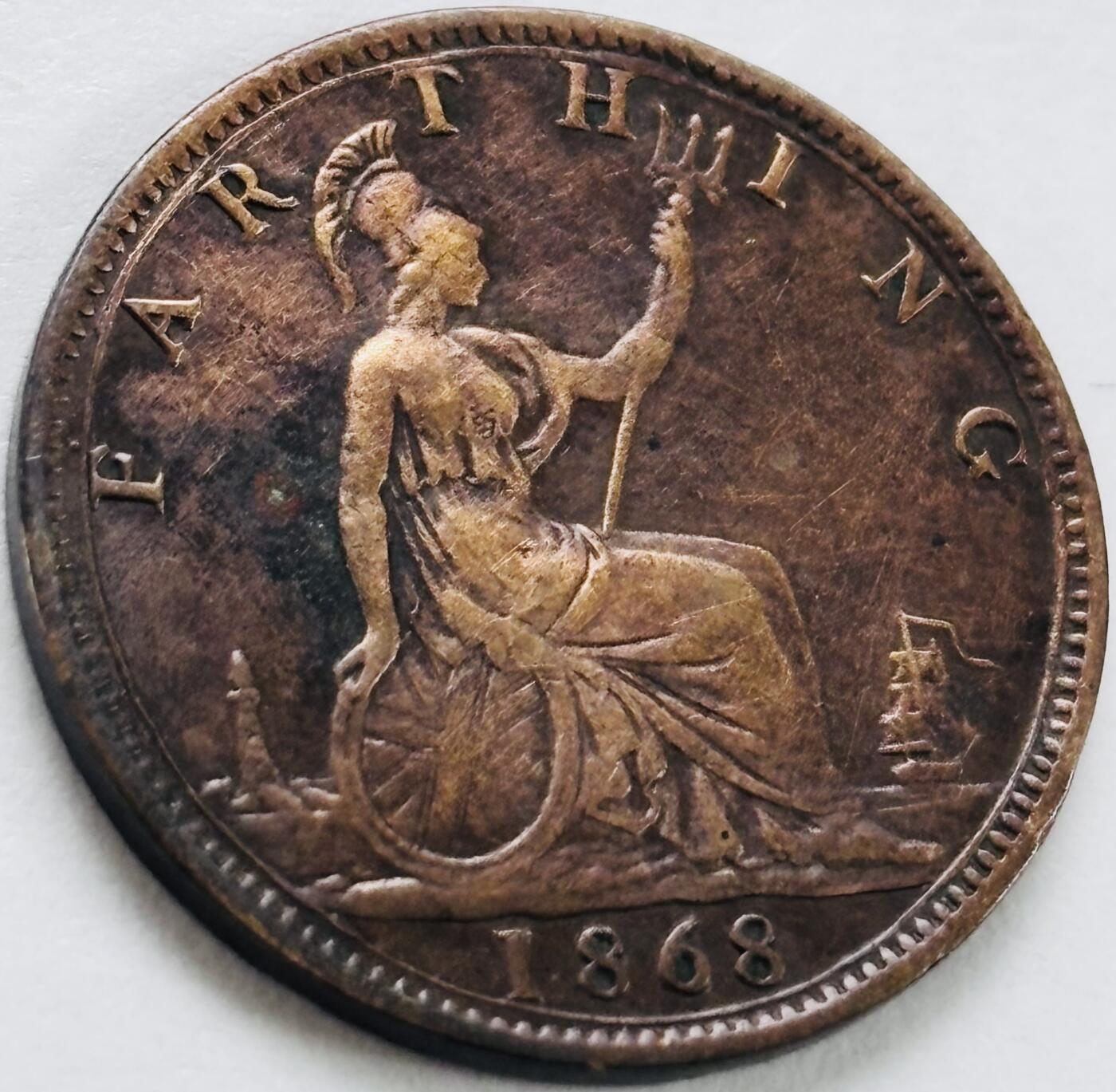 文馨钱币收藏第 243 场，各国古铜币，英系场 极美品 1868 年英国维多利亚双辫子版法新古铜币