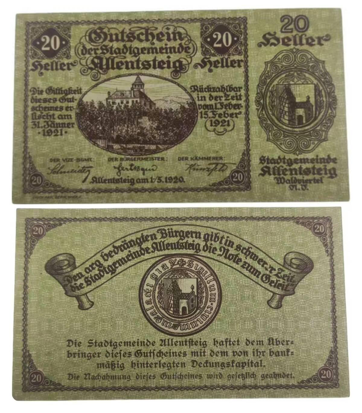 民国纸币 一战，德国于1920 - 1921年间发行的地方代用币（Notgeld ），面额为20塞勒（Seller） ，由米伦施泰格市（Stadtgemeinde Mllentsteig ）发行。