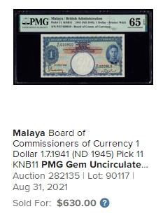 【Blue Auction】世界纸币精拍第661期【精】——16级TOP拍卖/信誉/品质/专业/高效💫 英属马来亚 1945年1元 英王乔六 W&S出品 PMG65EPQ 设计清新经典 