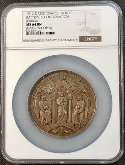  甄臻铺-世界币章拍卖（第16期），送拍享返佣金等优惠多多 - NGC-MS64  1912年法国宗教洗礼大铜章，直径69毫米，丰饶角边铭，包浆状态都不错。