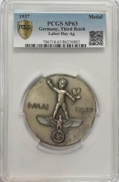 博洋堂“良辰美钰”中秋国庆双节精品专场暨第141期（全场包邮） - PCGS SP63 德国1937年五一纪念系列巨大银章，60mm超大规格，连盒子224克，慕尼黑造币厂出品，和元首50大寿一个造币厂系列。圣婴摆出特色手势，国内外加仅见唯一冠军分！