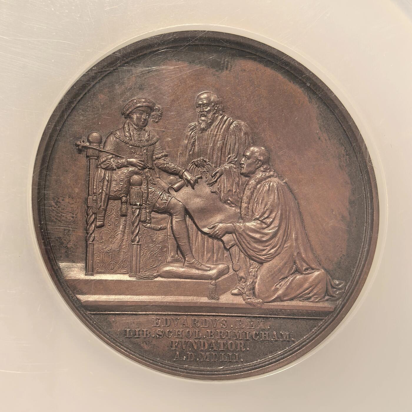 博洋堂世界钱币拍卖第122期（全场包邮） NGC MS62 纪念爱德华6世语言学校巨大大铜章。58mm规格在英系里很大了，1850年左右的高浮雕和艺术构图艺术美轮美奂！