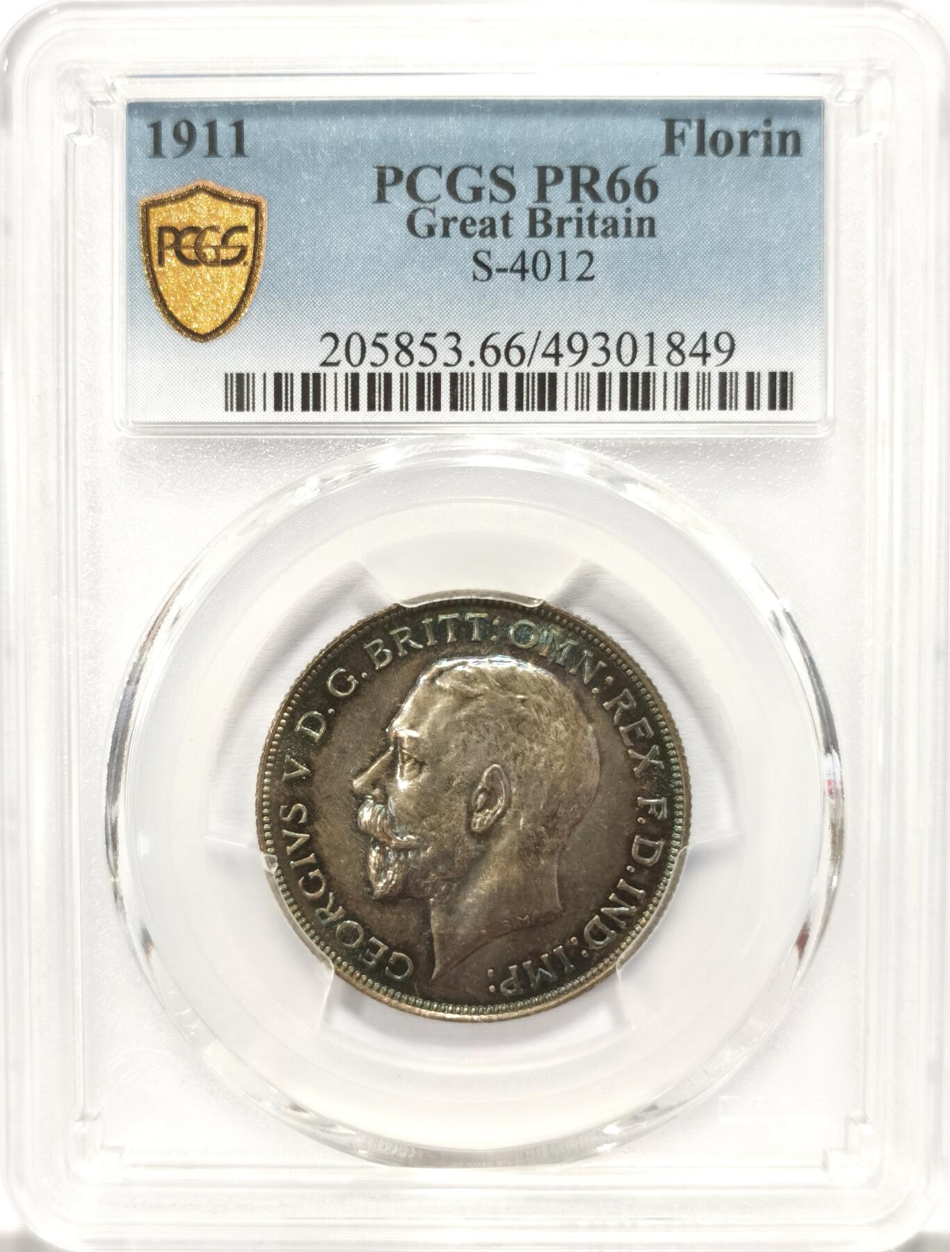 博洋堂世界钱币拍卖第122期（全场包邮） PCGS PR66 1911年英国乔治五世精制弗洛林银币，属于1911年加冕套币，极致欧洲满五彩包浆，镜面效果极强，视觉效果相较于同分遥遥领先