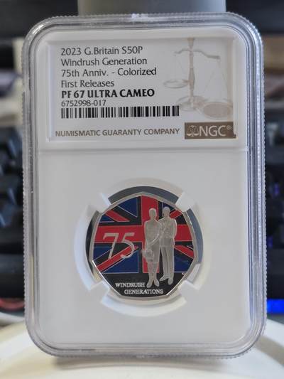 第168期拍卖【长期征集拍品】 - 英国2023年疾风世代75周年50便士局部彩色精制纪念银币NGC-PF67原盒证书，925银，发行1948枚，8克