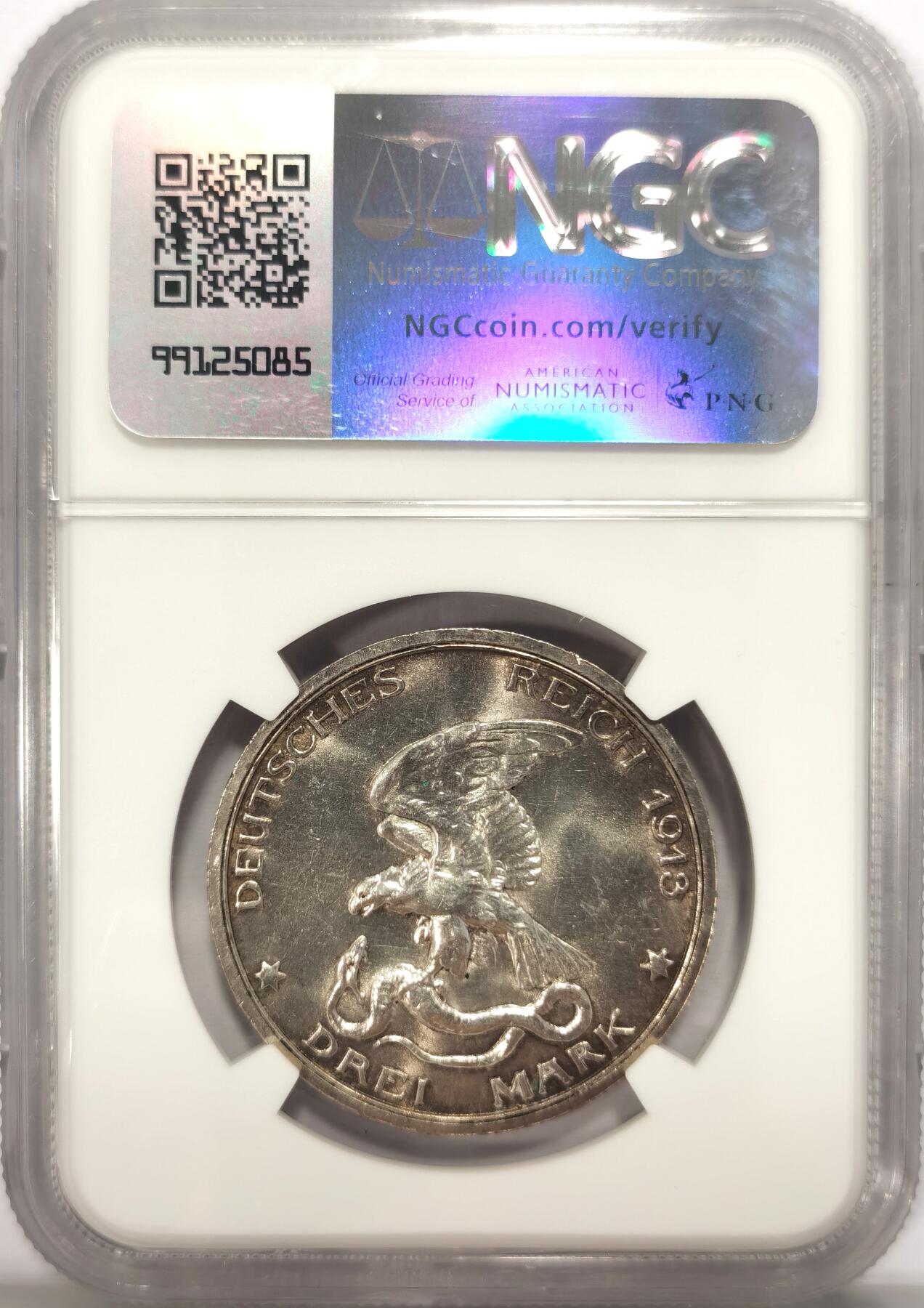 博洋堂世界钱币拍卖第122期（全场包邮） 1913年德国普鲁士击败拿破仑3马克纪念银币NGC-MS63，原汁原味老包浆，包浆醇厚润泽又犀利，状态极佳。