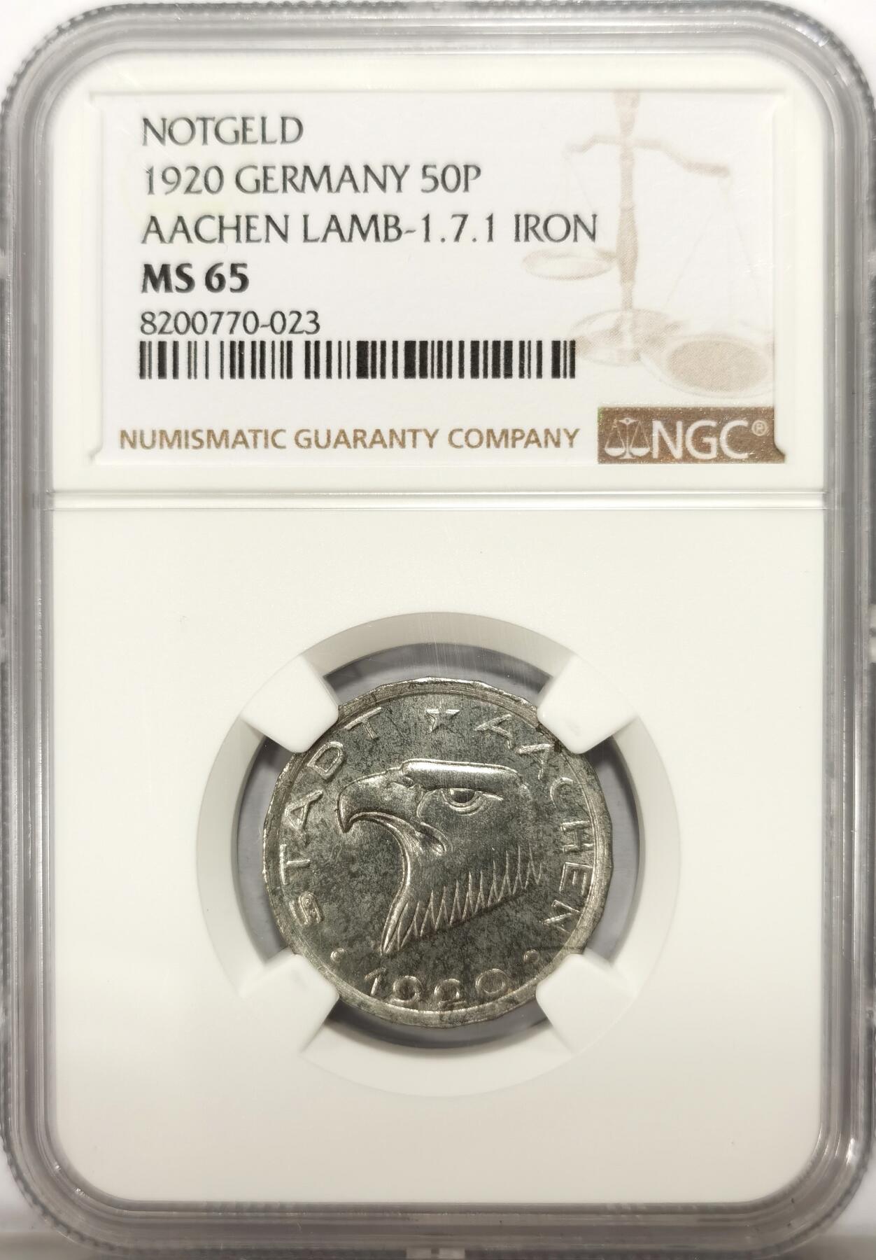 博洋堂世界钱币拍卖第122期（全场包邮） NGC MS65 德国德紧亚琛1920年小鹰头50芬尼铁币，名誉品种