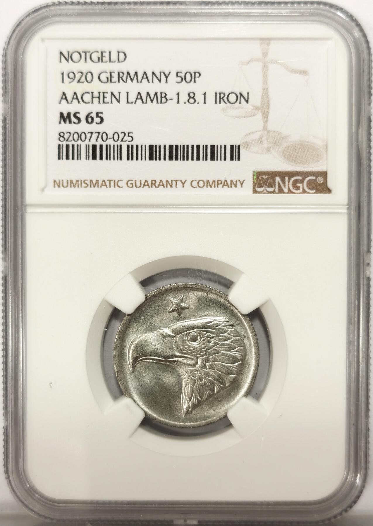 博洋堂世界钱币拍卖第122期（全场包邮） NGC MS65 德国德紧亚琛1920年老鹰头50芬尼铁币，名誉品种