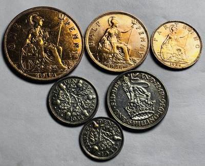 文馨钱币收藏第 244 场，各国古铜币，英系场，寄存时间为 2 个月，请悉知 - 英国乔治五世小套 6 枚，含 3 枚银币，详情看图