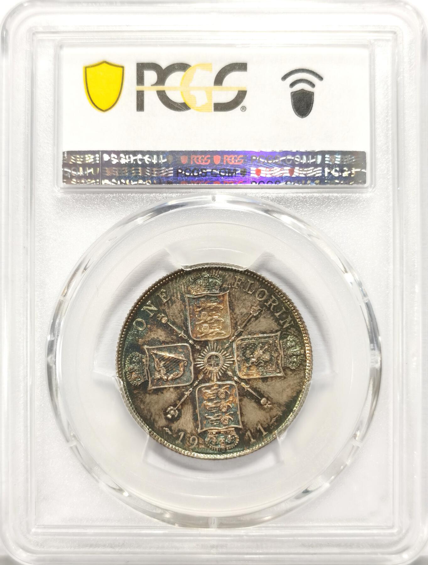 博洋堂世界钱币拍卖第122期（全场包邮） PCGS PR66 1911年英国乔治五世精制弗洛林银币，属于1911年加冕套币，极致欧洲满五彩包浆，镜面效果极强，视觉效果相较于同分遥遥领先