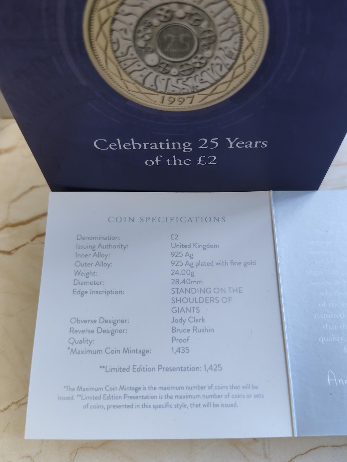 第168期拍卖【长期征集拍品】 英国2022年发行2英镑25周年纪念版局部镀加厚精制银币NGC-PF69原盒证书，925银，24克，发行1425枚