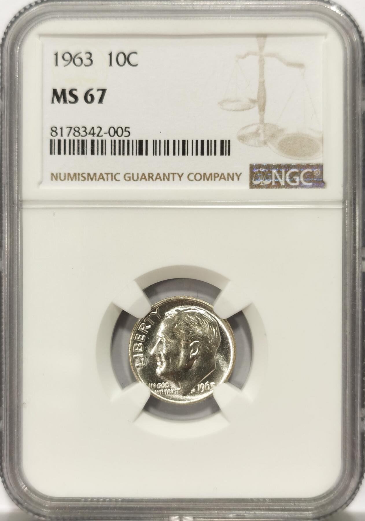 博洋堂世界钱币拍卖第122期（全场包邮） NGC MS67 美国1963年罗斯福10分银币