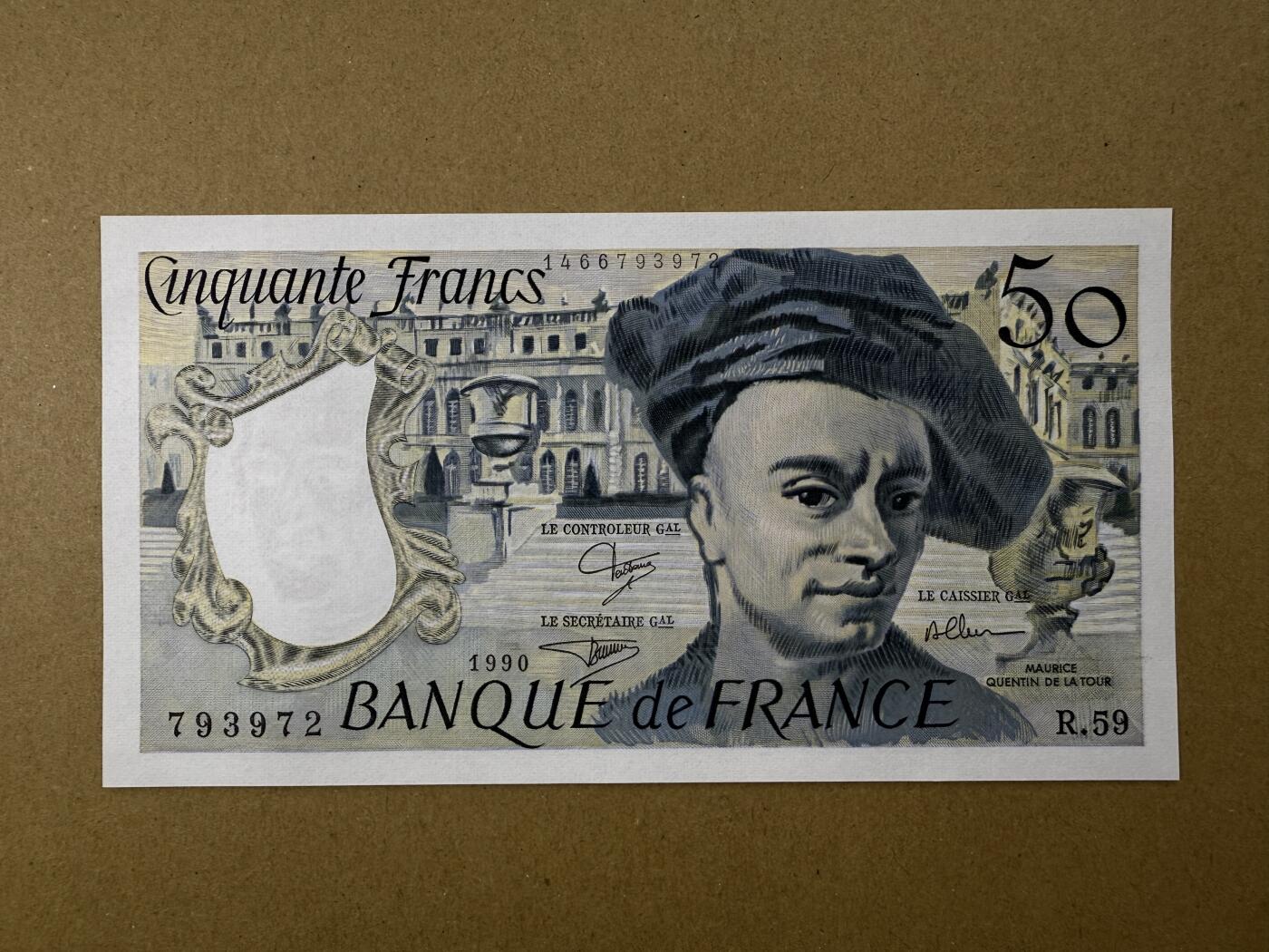 《艾美收藏》第198期-周日外币百拍 法国50法郎 UNC 1990年 法国洛可可派男肖像画画家拉图尔