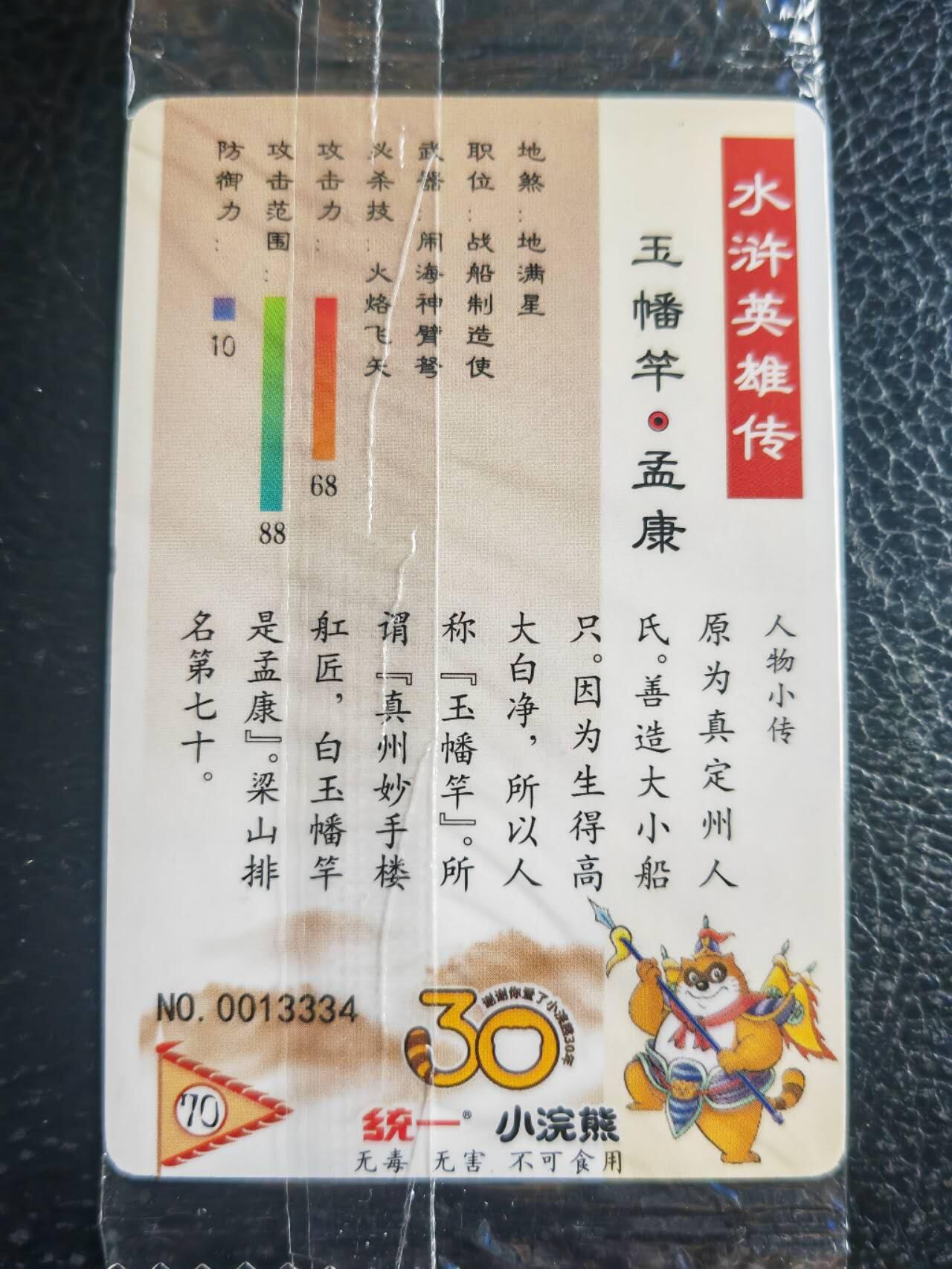 阳大大卡牌超级大甩拍第52期（周五晚上九点截拍，持续收拍品，进群福利早知道） 【食玩卡】统一30周年 小浣熊 地满星玉幡竿孟康  编号13334 贯穿豹子号