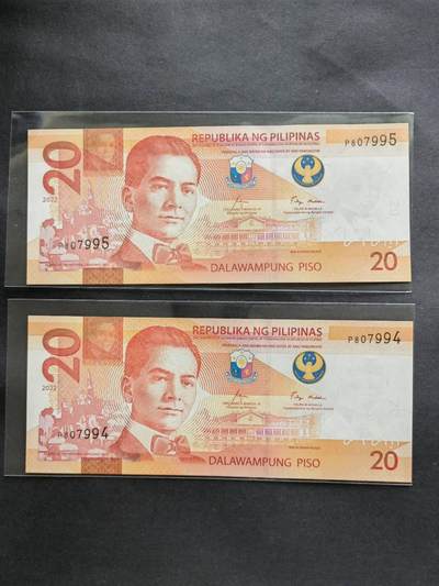 外国纸币专场250517第四十四场 - 菲律宾🇵🇭2022年20比索二连号，全新品相UNC。