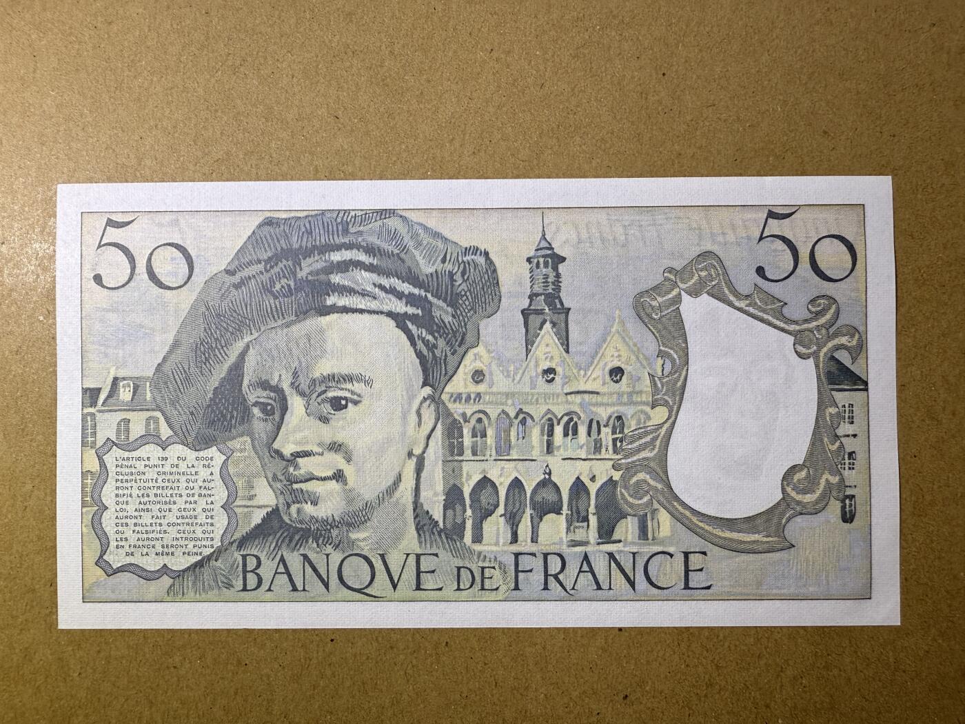 《艾美收藏》第198期-周日外币百拍 法国50法郎 UNC 1990年 法国洛可可派男肖像画画家拉图尔