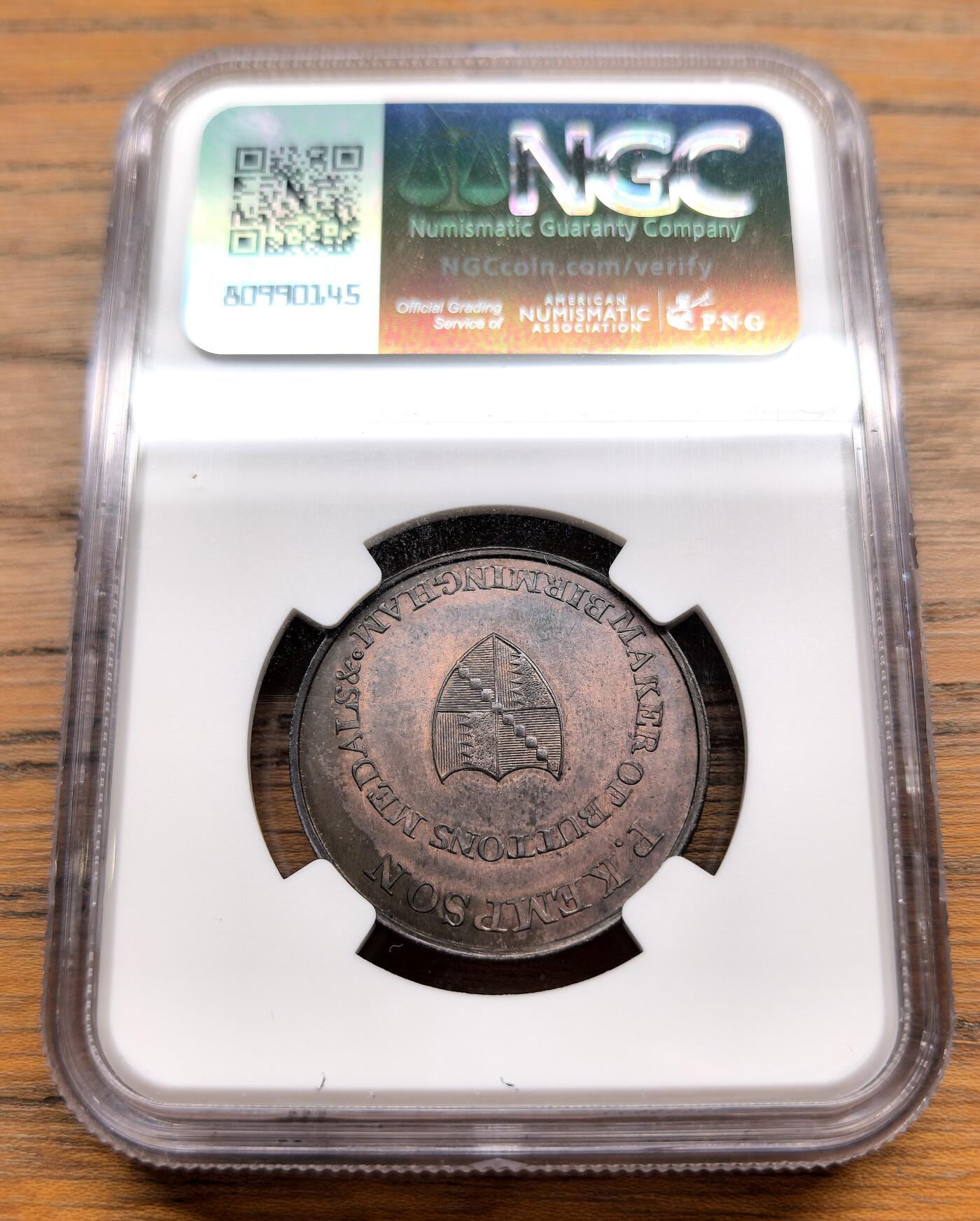 凡希社世界钱币微拍第三百零三期 1790S英国沃里克郡KEMPSON扣子与章牌制作商1/2便士铜代用币NGC-MS63
