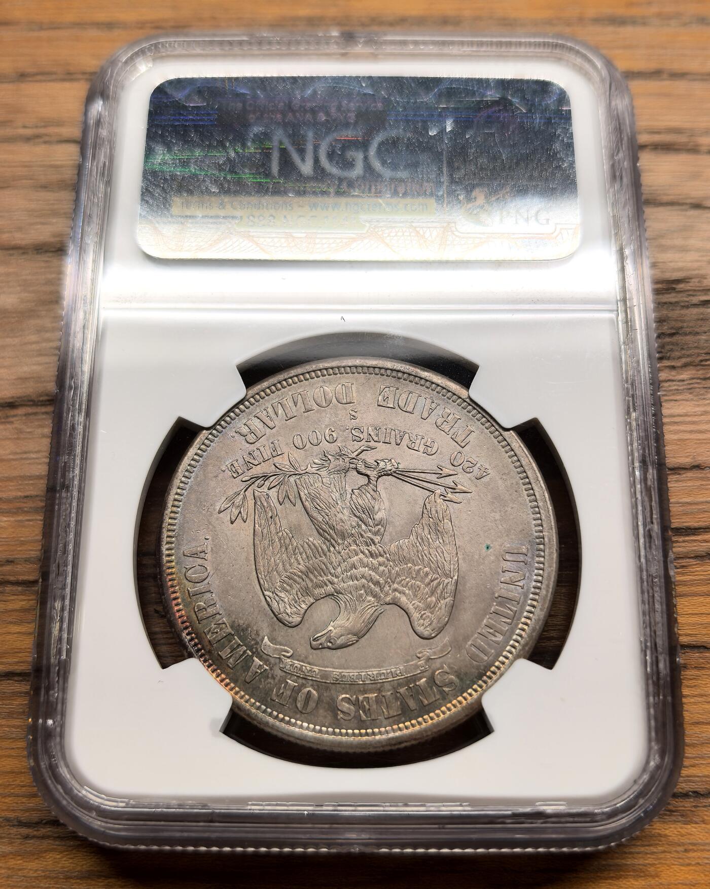 凡希社世界钱币微拍第三百零三期 荐！1876美国拿花贸易DOLLAR大银NGC-MS63，烟熏五彩，早期在华流通贸易银元里的稀有品种，能到MS更为罕见，值得入藏的压箱底品质！（视频参考）