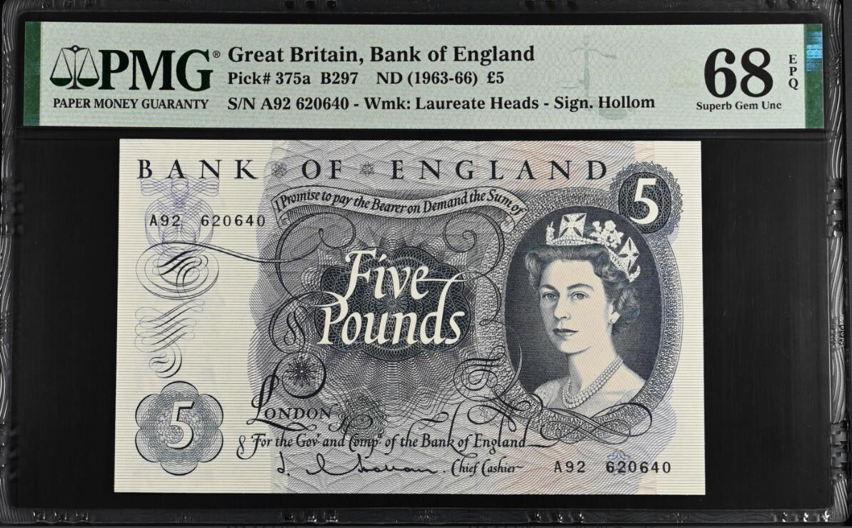 《艾美收藏》第198期-周日外币百拍 英国C序列1963-66年A冠5镑PMG68E亚军分 冠军69分仅2张 Pick#375a