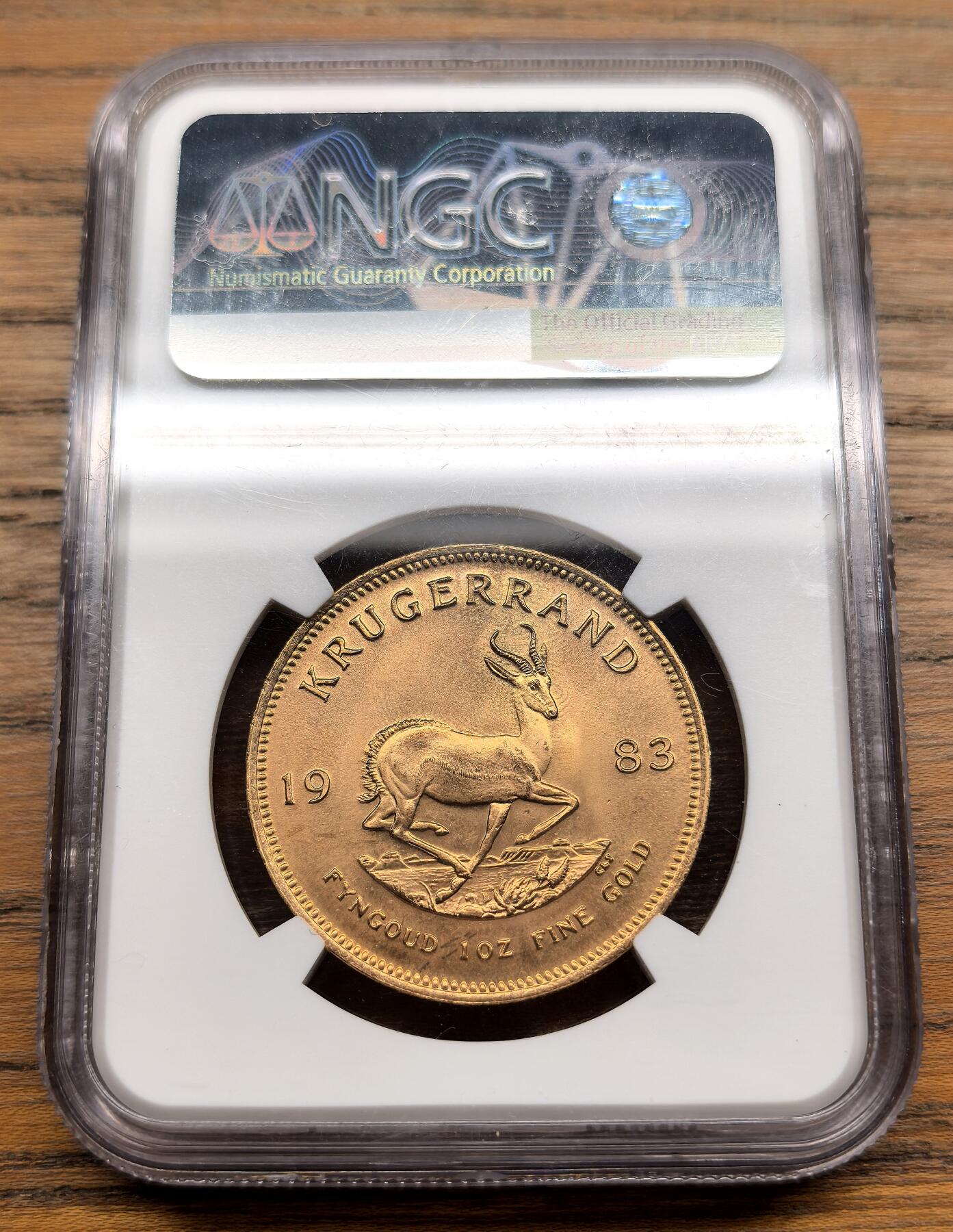 凡希社世界钱币微拍第三百零三期 1983南非羚羊1克鲁格兰特大金NGC-MS66，33.93g，917金，含纯金1盎司，久负盛名的投资金币，高分收藏级！（附视频）