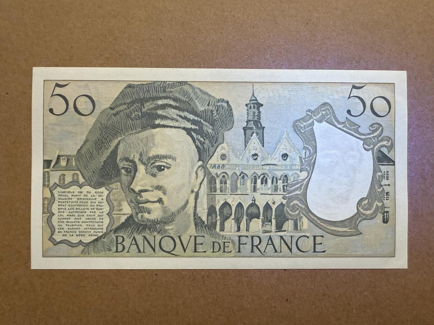 《艾美收藏》第198期-周日外币百拍 法国50法郎 UNC 1990年 法国洛可可派男肖像画画家拉图尔