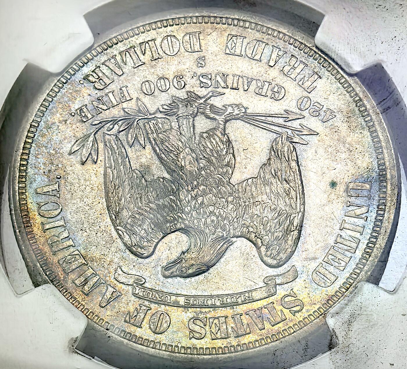 凡希社世界钱币微拍第三百零三期 荐！1876美国拿花贸易DOLLAR大银NGC-MS63，烟熏五彩，早期在华流通贸易银元里的稀有品种，能到MS更为罕见，值得入藏的压箱底品质！（视频参考）