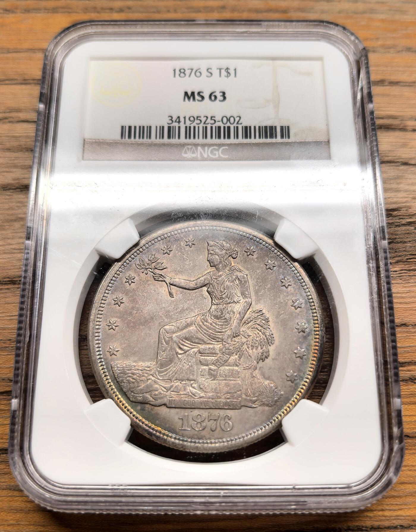 凡希社世界钱币微拍第三百零三期 荐！1876美国拿花贸易DOLLAR大银NGC-MS63，烟熏五彩，早期在华流通贸易银元里的稀有品种，能到MS更为罕见，值得入藏的压箱底品质！（视频参考）