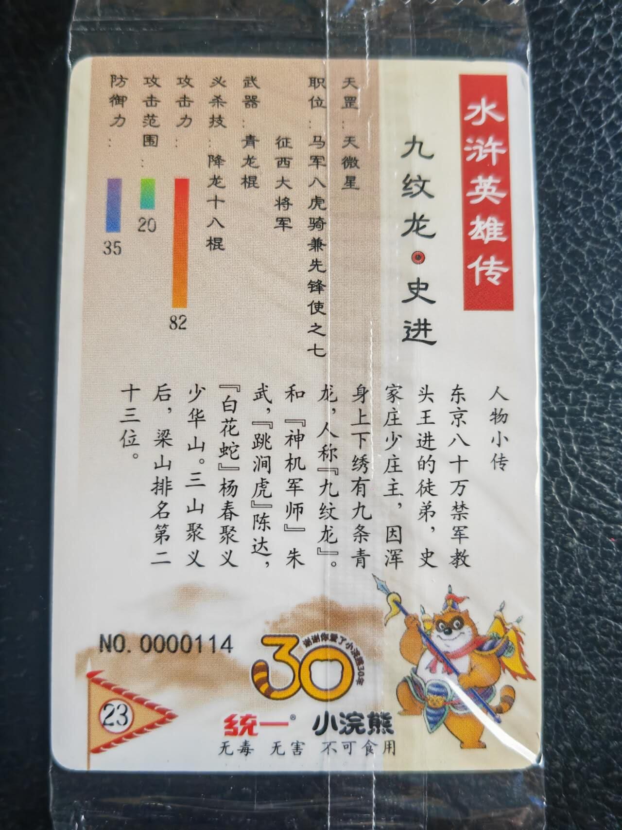 阳大大卡牌超级大甩拍第52期（周五晚上九点截拍，持续收拍品，进群福利早知道） 【食玩卡】统一30周年 小浣熊 天微星九纹龙史进  编号00114  超级小编号