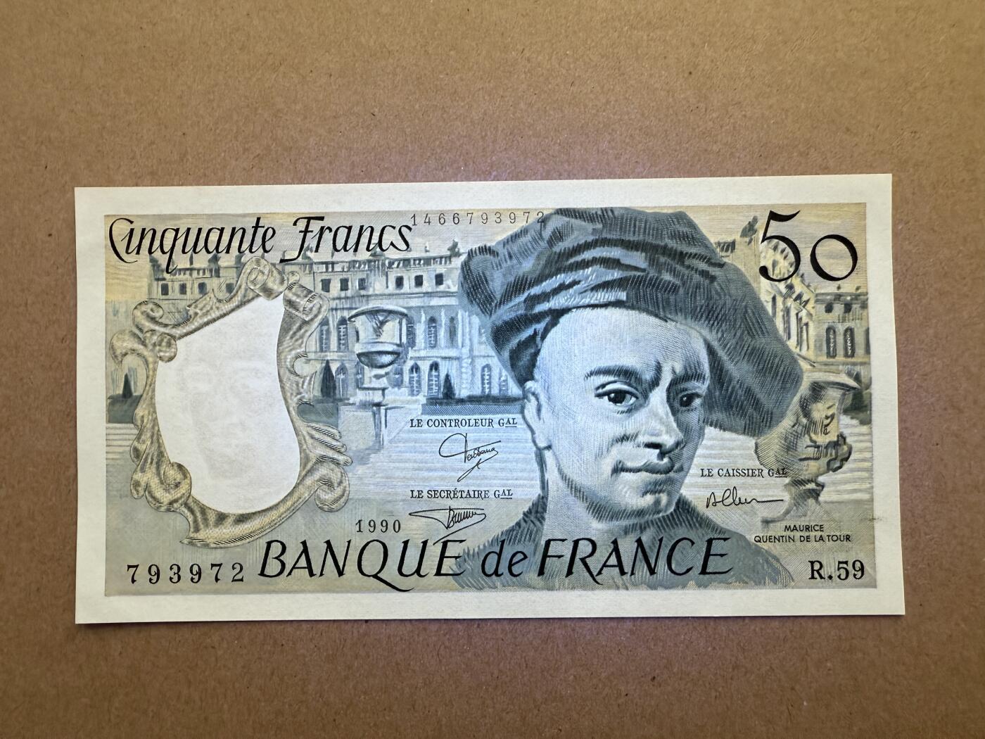 《艾美收藏》第198期-周日外币百拍 法国50法郎 UNC 1990年 法国洛可可派男肖像画画家拉图尔