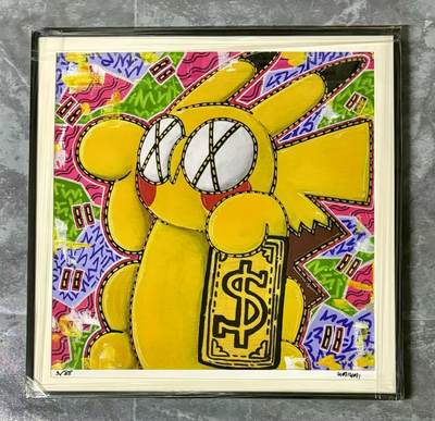 零元拍：歪歪亲笔签名 OWSON 系列作品装饰画《招财皮卡丘》，已做装裱 合金相框尺寸55/55CM。因展品出展，镜框或亚克力可能有轻微划痕，介意勿拍 - 零元拍：歪歪亲笔签名 OWSON 系列作品装饰画《招财皮卡丘》，已做装裱 合金相框尺寸55/55CM。因展品出展，镜框或亚克力可能有轻微划痕，介意勿拍