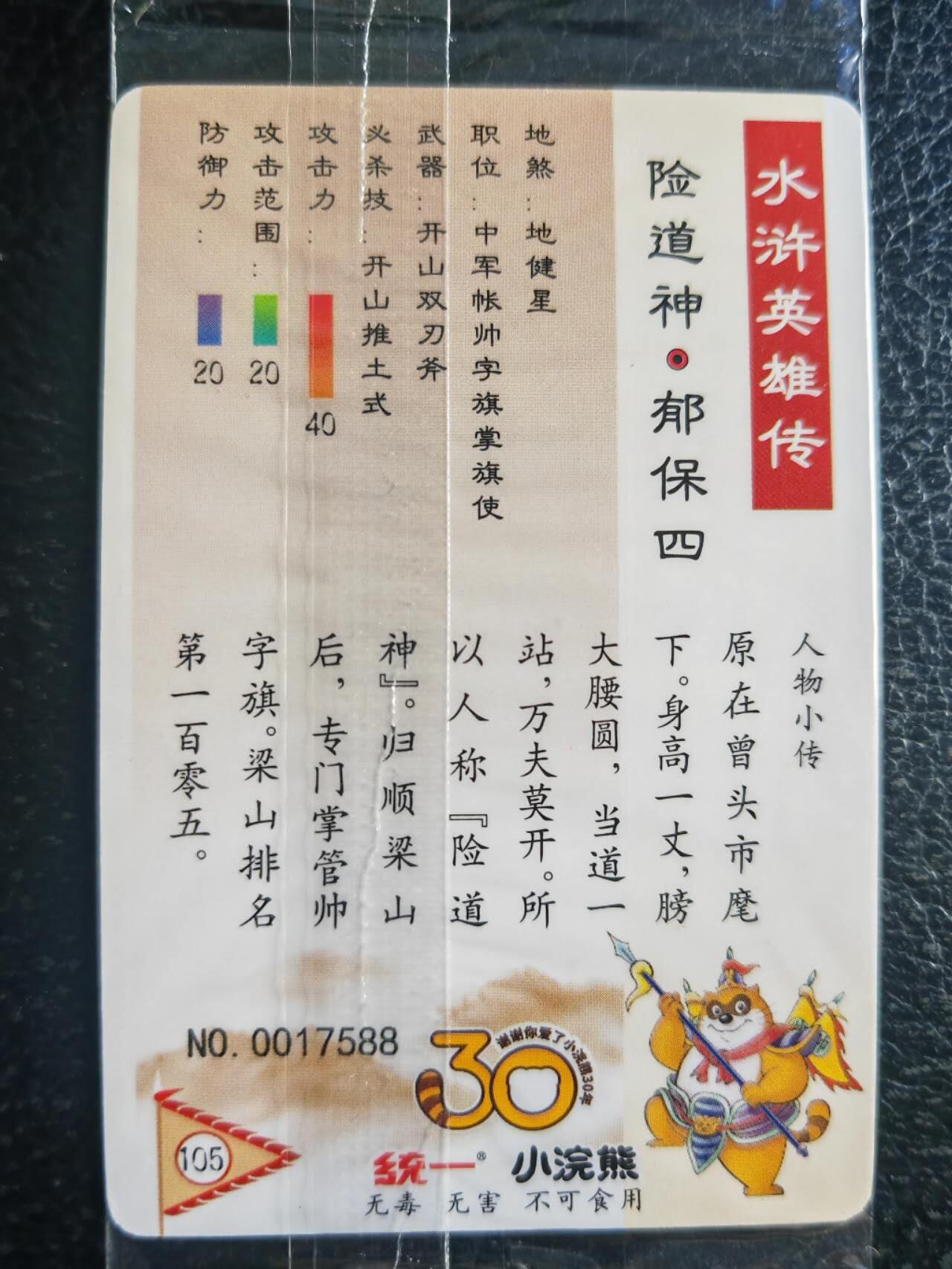 阳大大卡牌超级大甩拍第52期（周五晚上九点截拍，持续收拍品，进群福利早知道） 【食玩卡】统一30周年 小浣熊 地健星险道神郁保四  编号17588