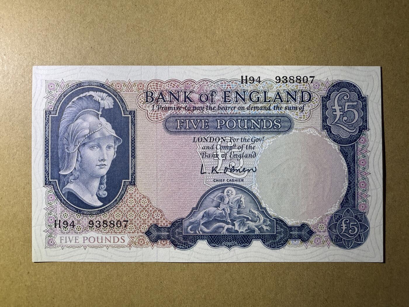 《艾美收藏》第198期-周日外币百拍 英格兰5镑 UNC B序列 圣乔治屠龙