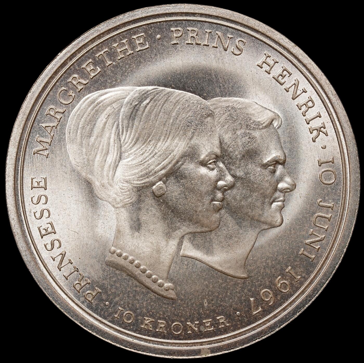 修遠堂世界钱币第六十九期 1967年丹麦玛格丽特公主结婚纪念10克朗银币 20.40g，含银80%，爆光BU品相