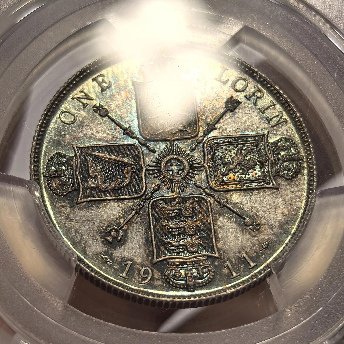 博洋堂世界钱币拍卖第122期（全场包邮） PCGS PR66 1911年英国乔治五世精制弗洛林银币，属于1911年加冕套币，极致欧洲满五彩包浆，镜面效果极强，视觉效果相较于同分遥遥领先