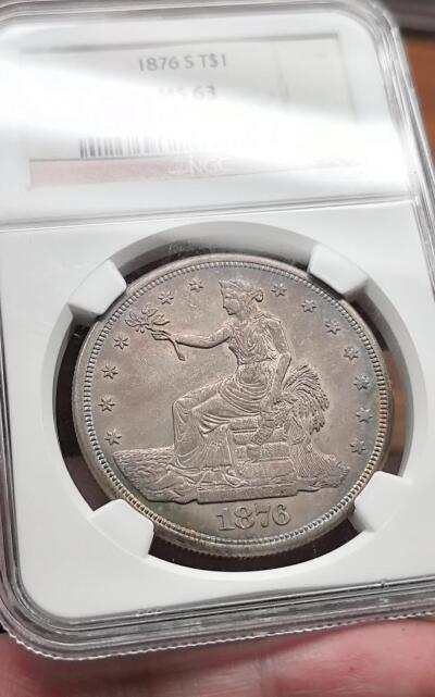 凡希社世界钱币微拍第三百零三期 荐！1876美国拿花贸易DOLLAR大银NGC-MS63，烟熏五彩，早期在华流通贸易银元里的稀有品种，能到MS更为罕见，值得入藏的压箱底品质！（视频参考）