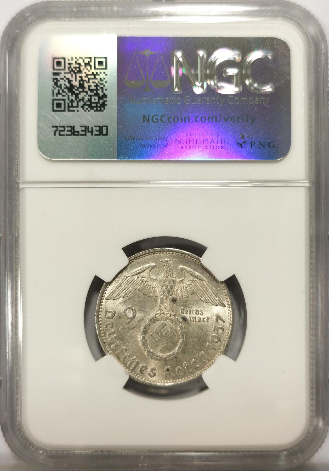 博洋堂世界钱币拍卖第123期（全场包邮） NGC MS63 德国第三帝国1937年A版兴登堡2马克银币