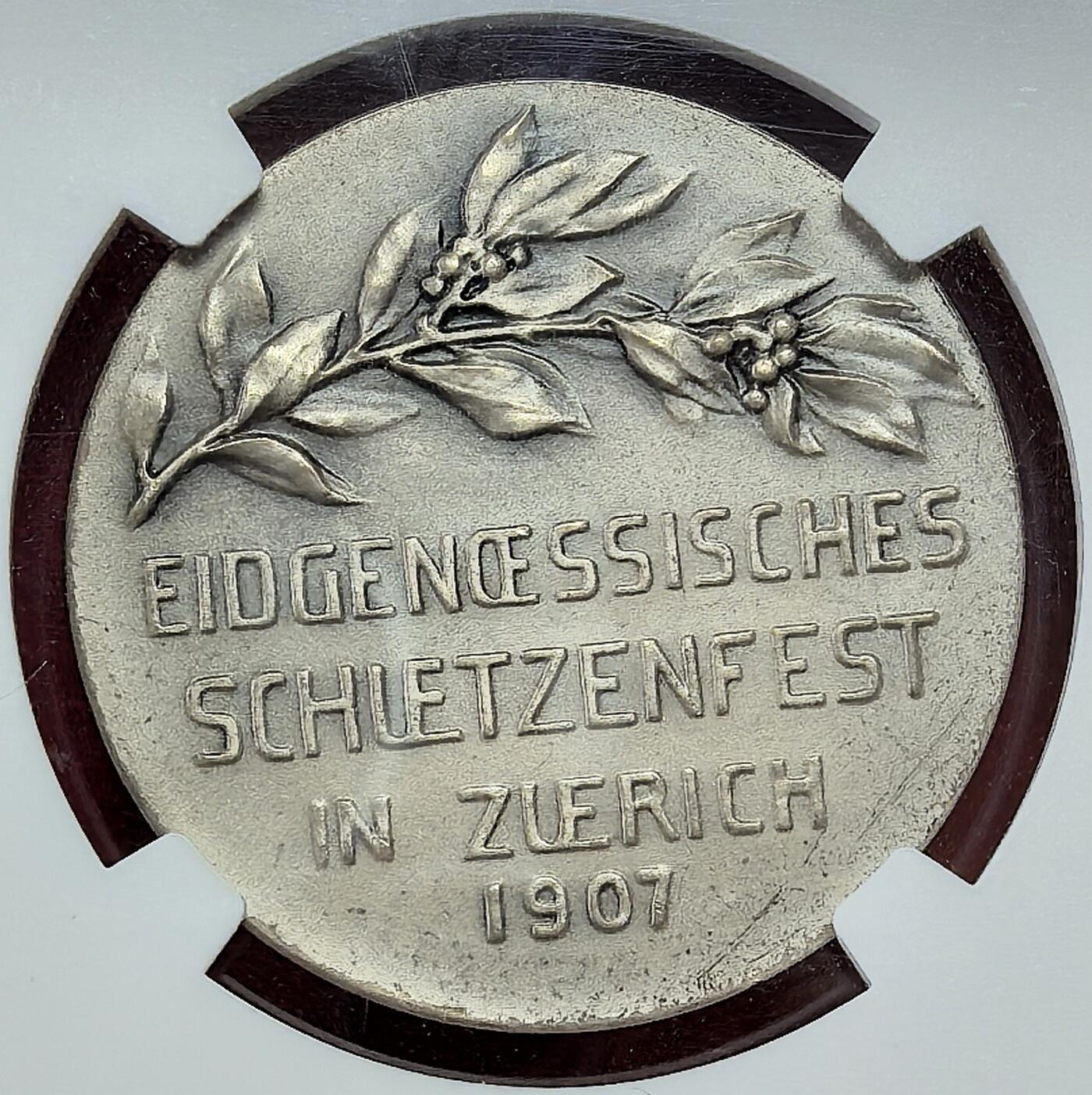 凡希社世界钱币微拍第三百零三期 1907瑞士苏黎世射击节纪念银章NGC-MS65，matte磨砂工艺，设计风格简练优雅，稀少品种，高分收藏级！