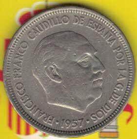 西班牙1957年5比塞塔 铜镍合金 实物图 八五品 - 西班牙1957年5比塞塔 铜镍合金 实物图 八五品