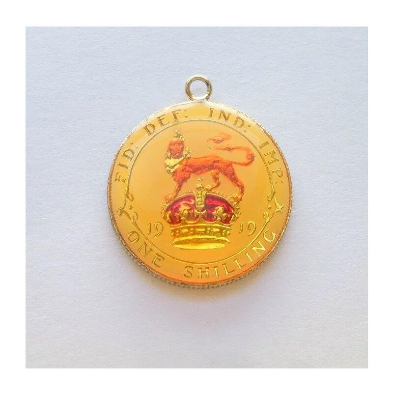 英国1919年乔治五世银币 珐琅彩镀金高浮雕精制银币章吊坠 25MM