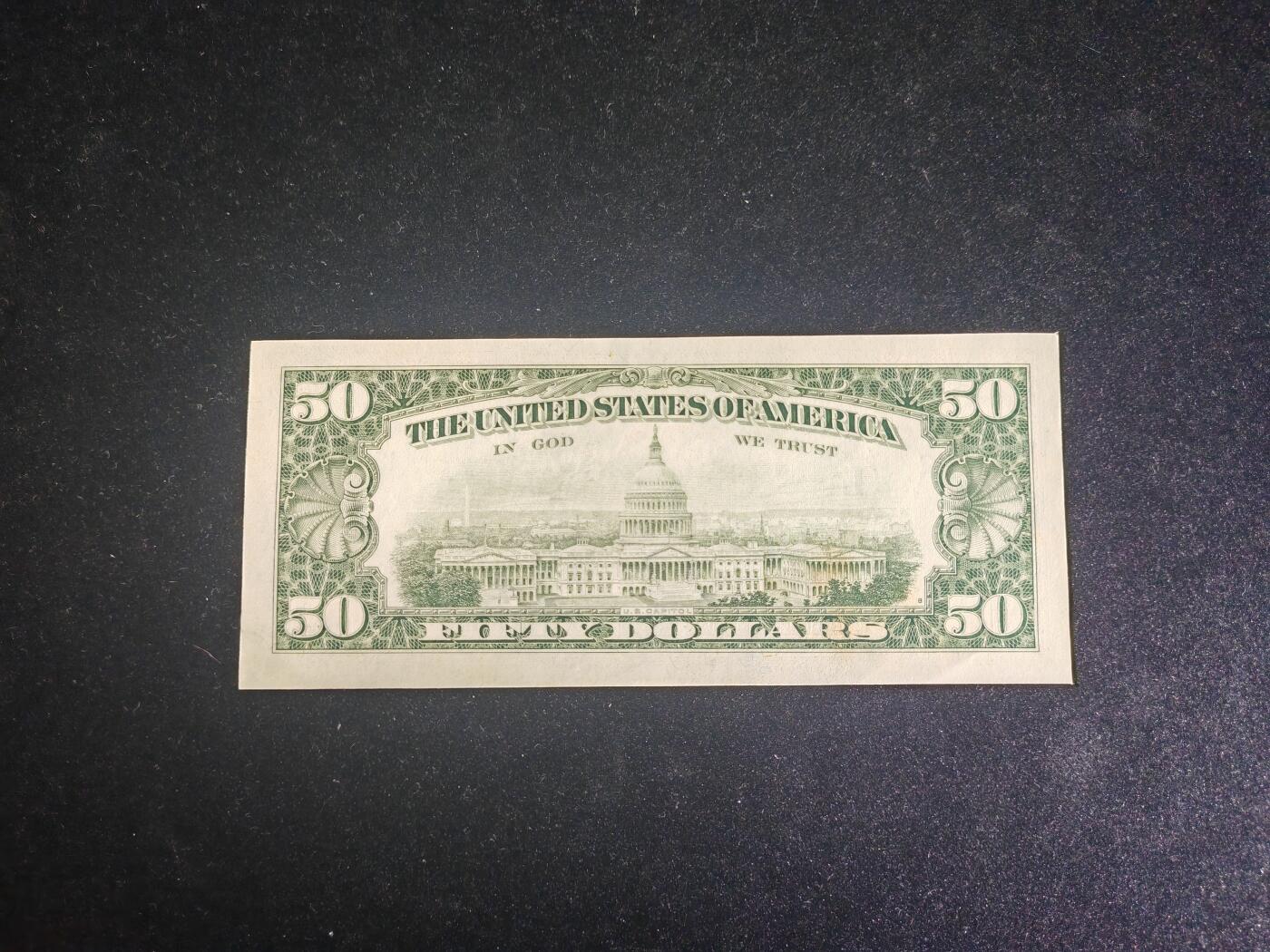 美国纸币 1985年 小头版 50美元 95品 一处轻微压痕 一处微黄