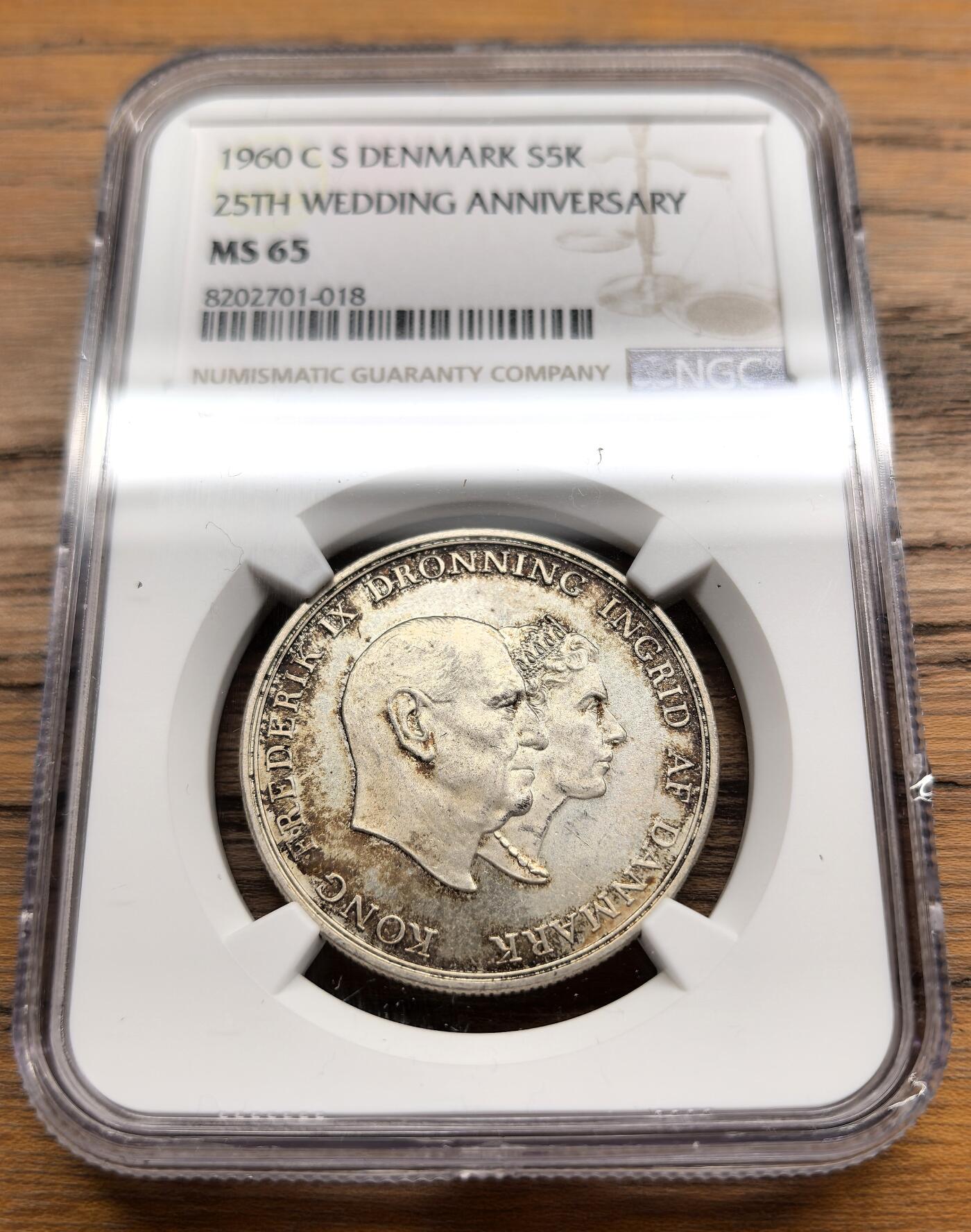 凡希社世界钱币微拍第三百零三期 1960丹麦5克朗纪念银币NGC-MS65